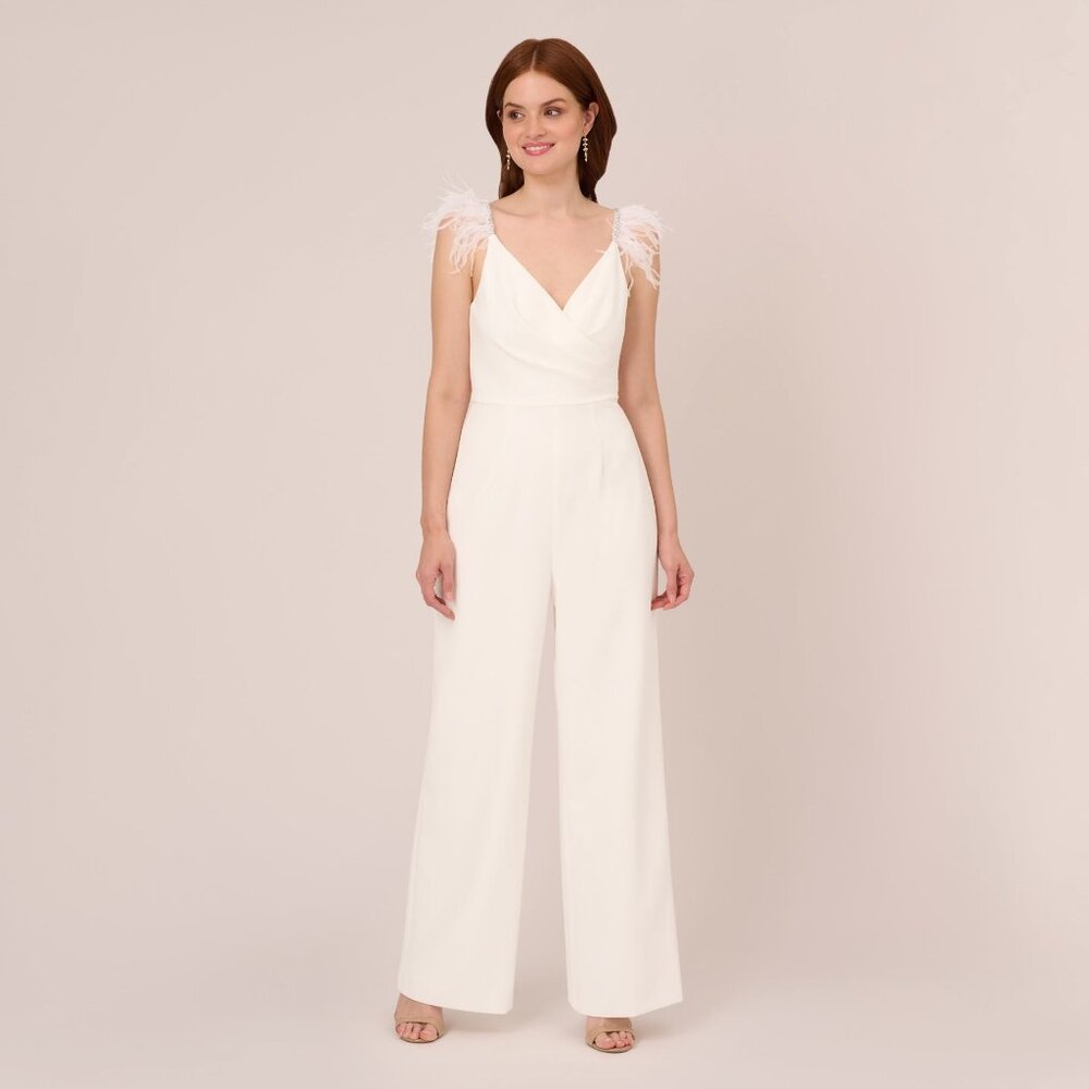 Adrianna Papell Crepe Wide Leg Jumpsuit With Bead And Feather Accents In Ivory
